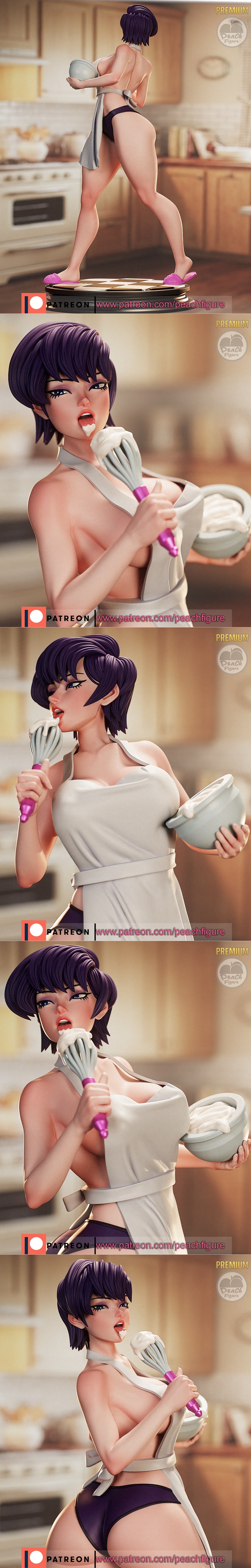 3D model of Komishuuko figure by Peach Figure, wearing an apron and underwear, tasting batter from a whisk in a kitchen.