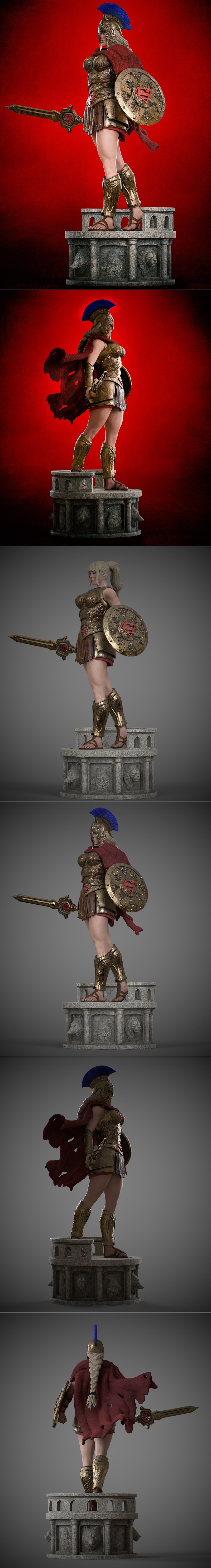 Female gladiator in ornate golden armor, red cape, holding a sword and shield, standing on a stone pedestal with wolf...