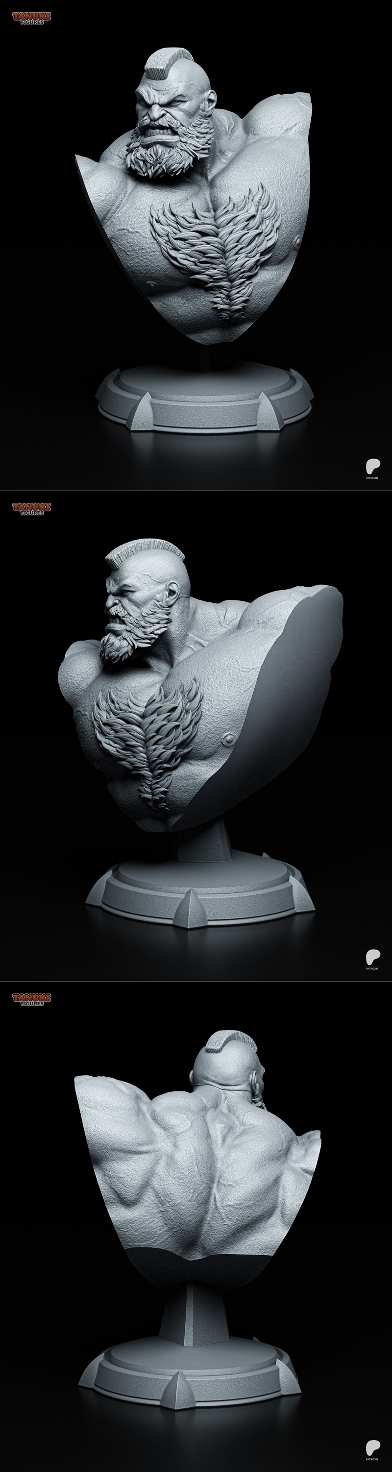 Zangief bust 3D model by Tanuki Figures, featuring a muscular man with a beard and mohawk, intense expression, on a d...