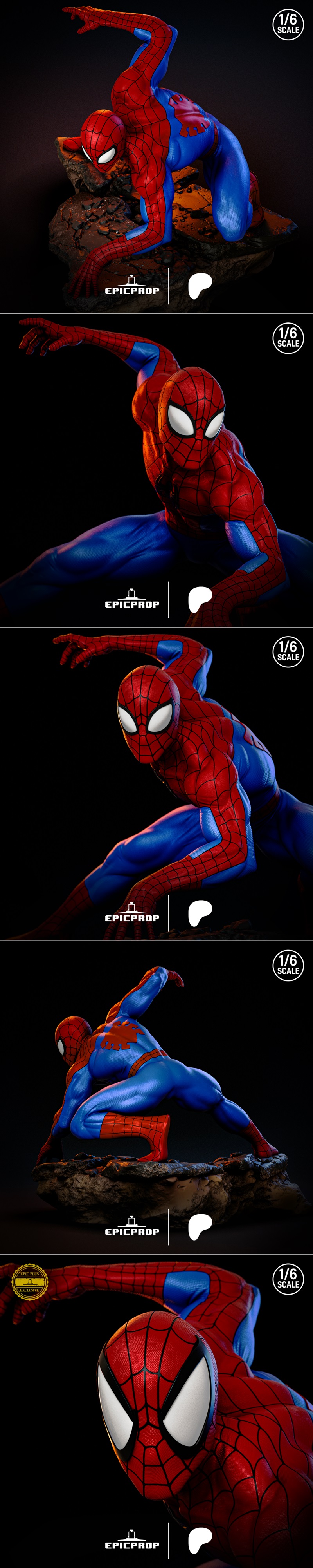 Epic Prop 1/6 scale 3D model of Spider-Man in a classic red and blue suit, crouching on a rocky base in an action pose.