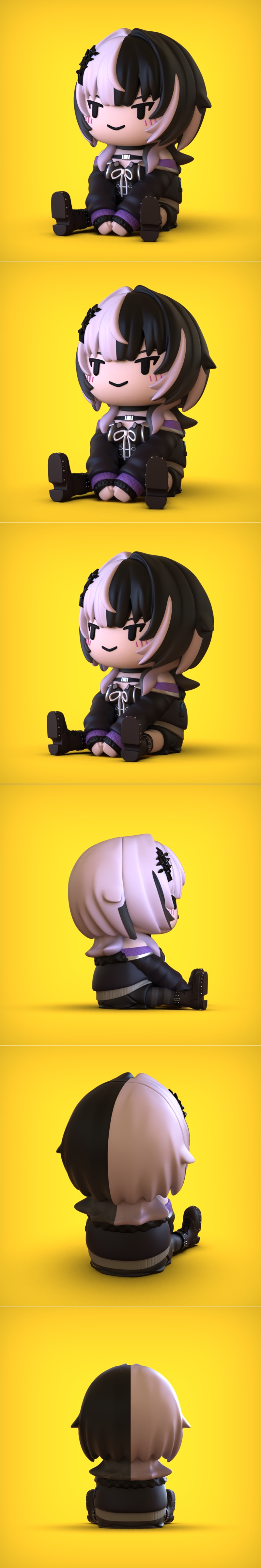 Chibi Shiori 3D model figure, sitting pose, split black and white hair, gothic outfit with purple accents, yellow bac...