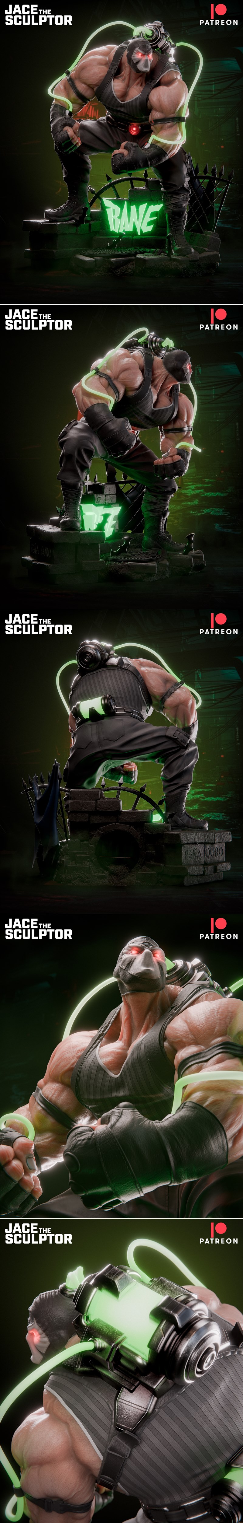 Bane statue in a crouched pose, wearing his iconic mask and vest, with glowing green tubes connected to a backpack. T...