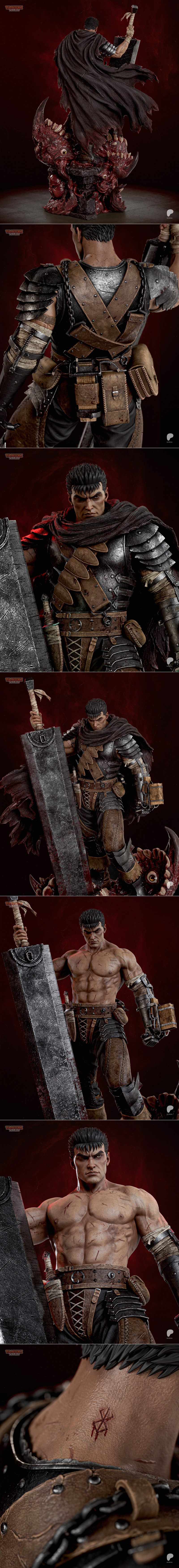 Guts from Berserk, clad in detailed armor and a dark cloak, stands heroically with his massive sword. He is posed on...
