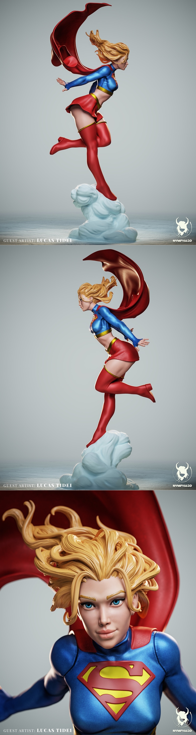 Supergirl 3D model figure in flight, wearing blue top, red skirt, and boots, with a large red cape billowing behind h...