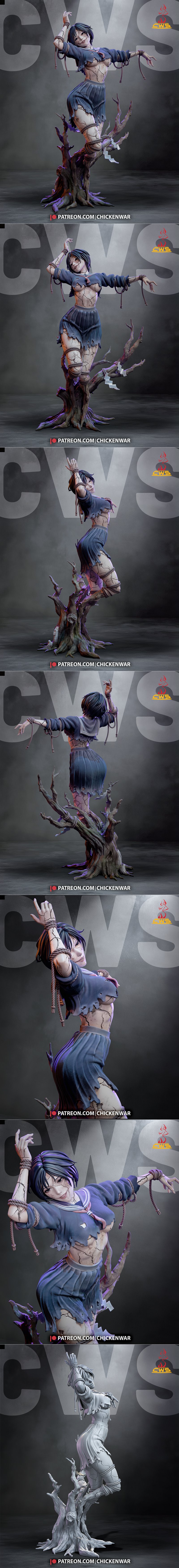 3D model of Ayakakashi from Silent Hill, a cracked-skin figure in a tattered school uniform with arms bound by rope.