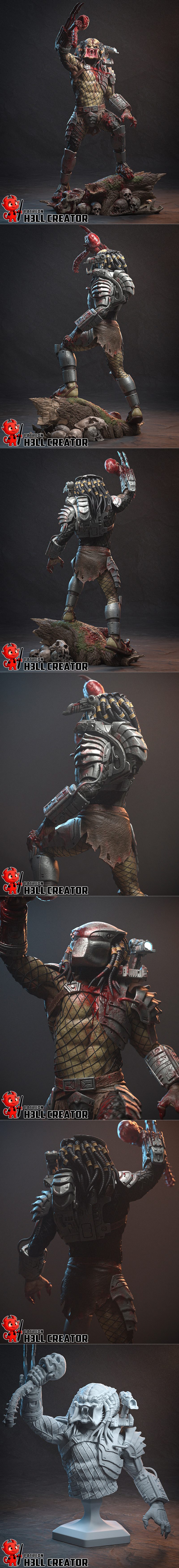 Predator figure with raised wrist blade, covered in blood, standing on a base of skulls and debris. Detailed armor an...