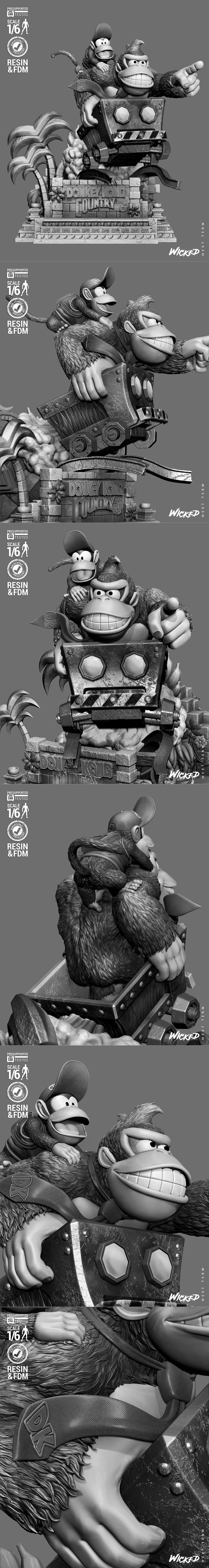 Donkey Kong and Diddy Kong 3D model diorama by Wicked, 1/6 scale, on a jungle-themed base with "Donkey Kong Coun...