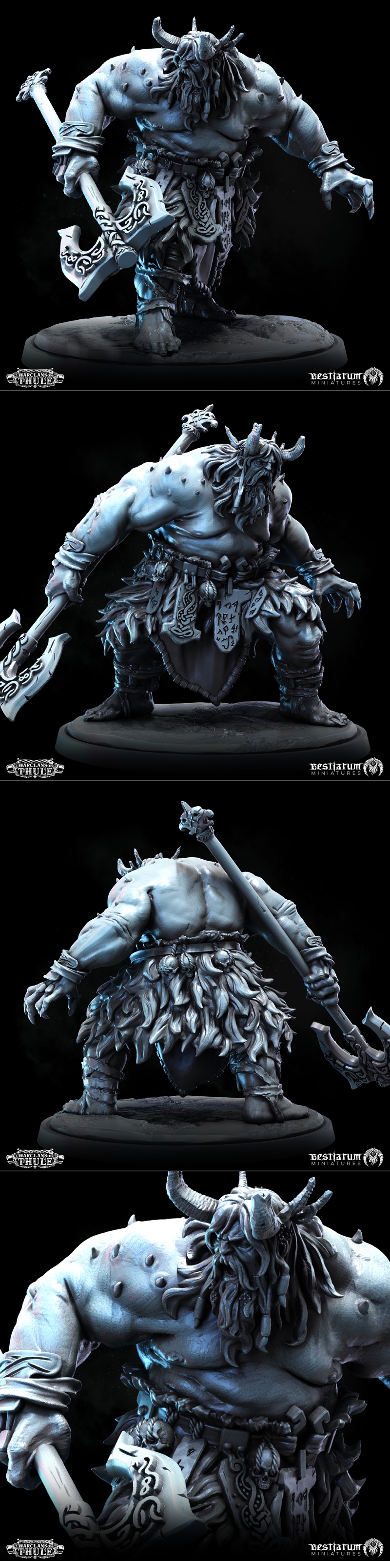 Two 3D printable miniatures of hulking, horned barbarians known as Giantsblood Berzerkers, one holding a large axe, f...
