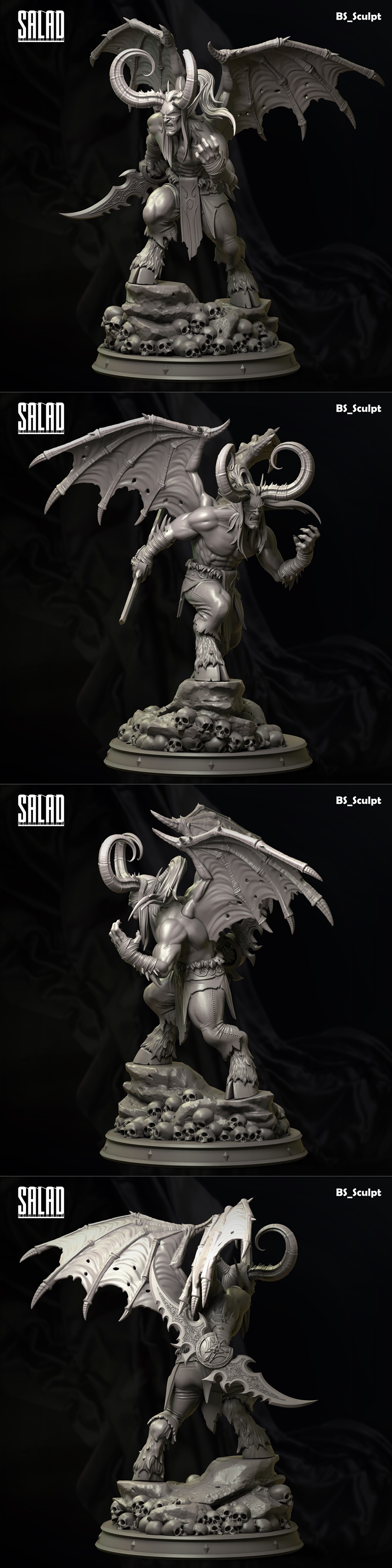 BS-Sculpt Demon Hunter 3D model figure with large horns, tattered wings, and a sword, standing on a pile of skulls.