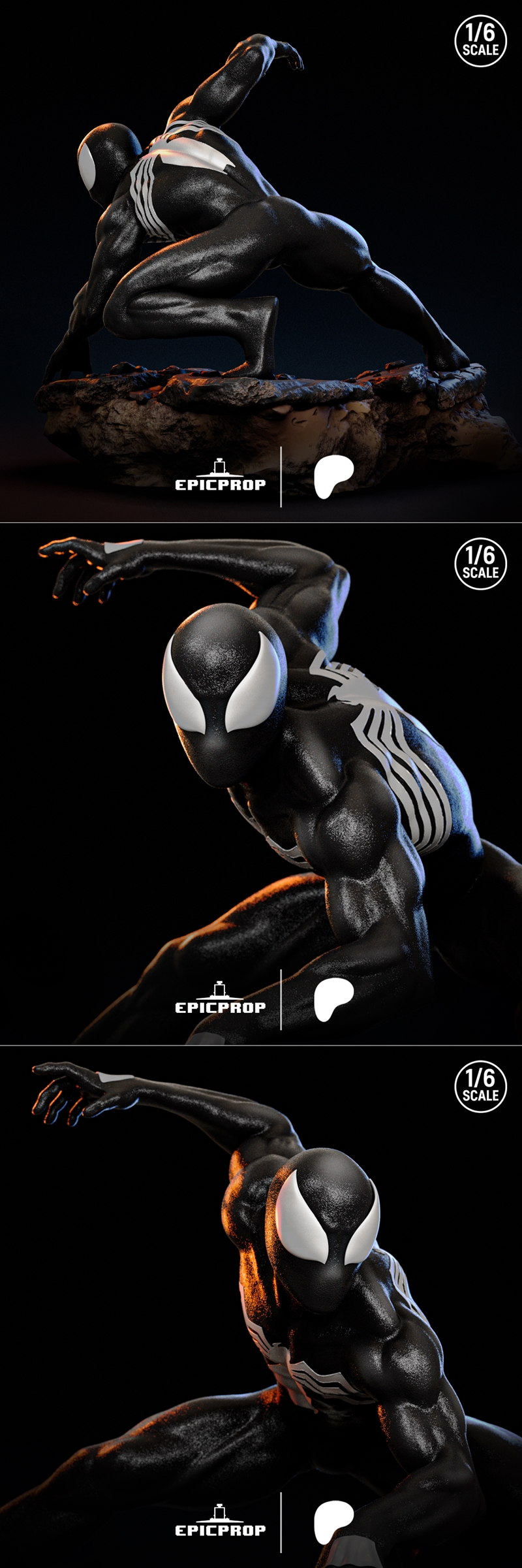 Venom symbiote figure in a crouched, ready-to-strike pose on a rocky base. Black suit with white spider emblem and ey...