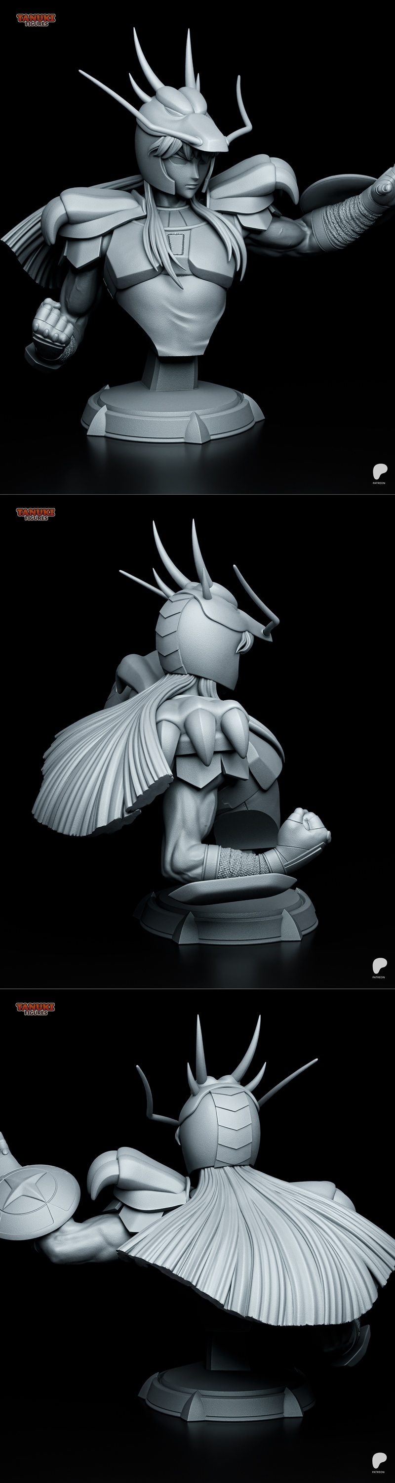 Tanuki Figures 3D model bust of Shiryu from Saint Seiya, wearing a dragon helmet and detailed armor, with one fist cl...