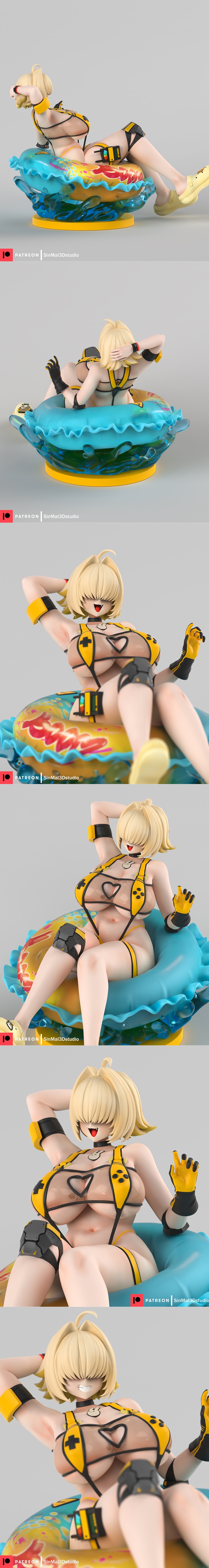 Elegg from NIKKE character figure by Sin3Dstudio, seated on a colorful pool float base, wearing a yellow bikini and a...