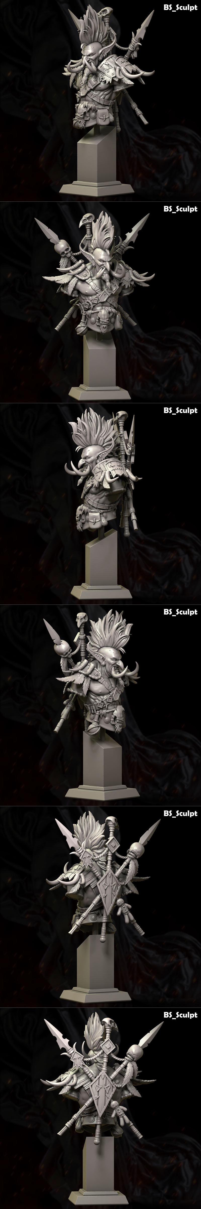 BS-Sculpt Master of the Shadows Bust 3D model: a tribal troll with tusks, mohawk, spears, and skull adornments.