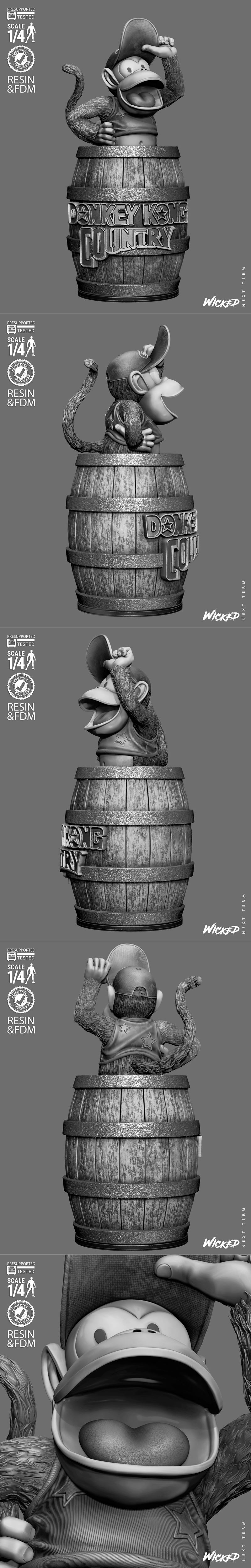 Diddy Kong portrait bust emerging from a 'Donkey Kong Country' barrel, wearing a red cap and vest, posed in a jungle...