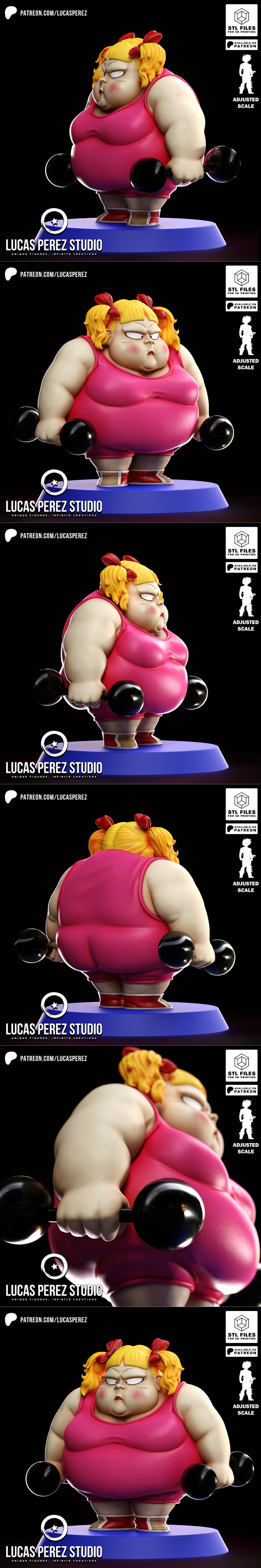 Chibi style 3D model of a plump female character with blonde pigtails, wearing a pink tank top and shorts, holding bl...