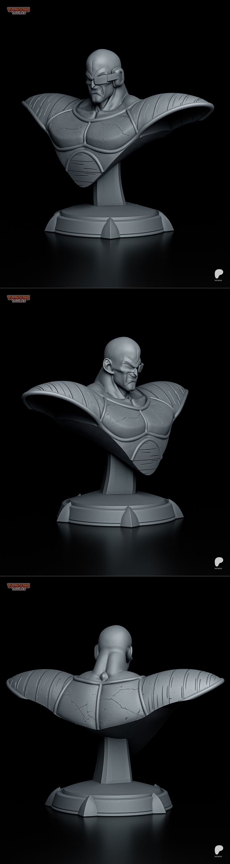 Nappa bust 3D model from Dragon Ball Z by Tanuki Figures. Bald Saiyan warrior with scouter, wearing segmented armor,...