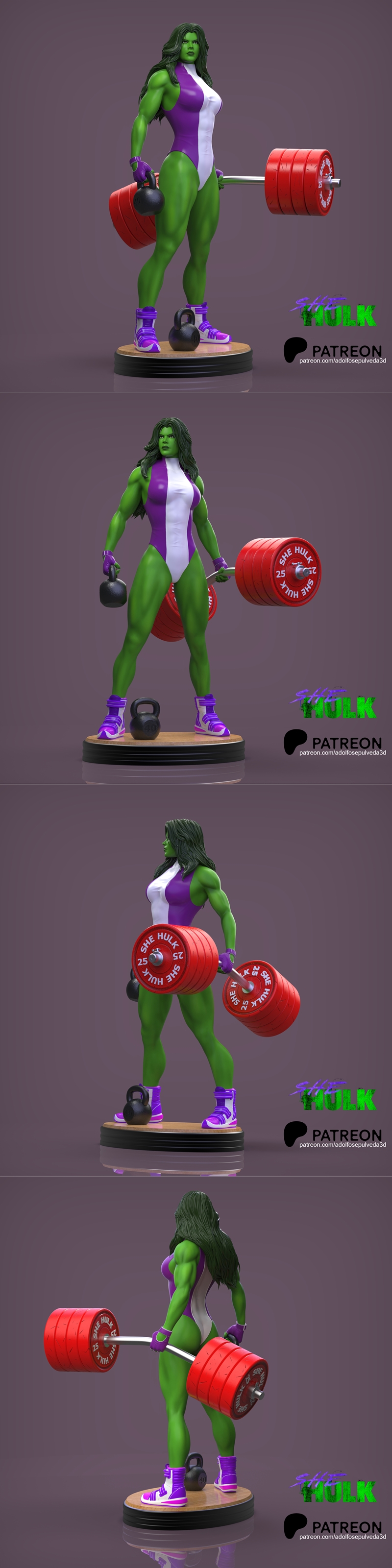 Muscular She-Hulk figure in purple and white leotard, holding a kettlebell, with a barbell loaded with red plates. De...
