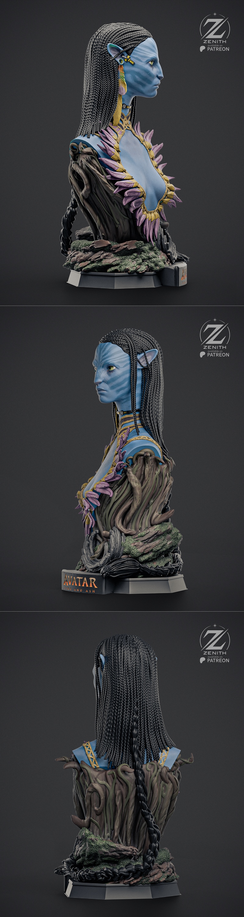 ZEZ Studio Avatar Neytiri bust 3D model. Blue alien female with braided hair, ornate tribal collar, and detailed base...