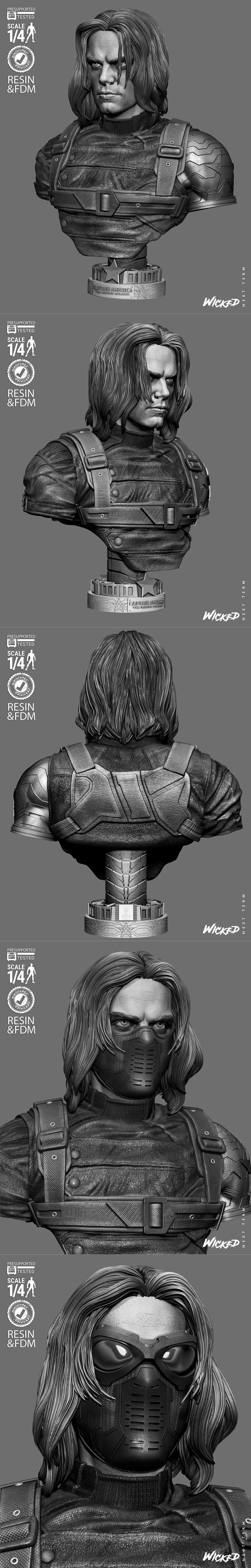 1/4 scale bust of Winter Soldier by Wicked, featuring detailed leather outfit and metallic arm, on a base with "...