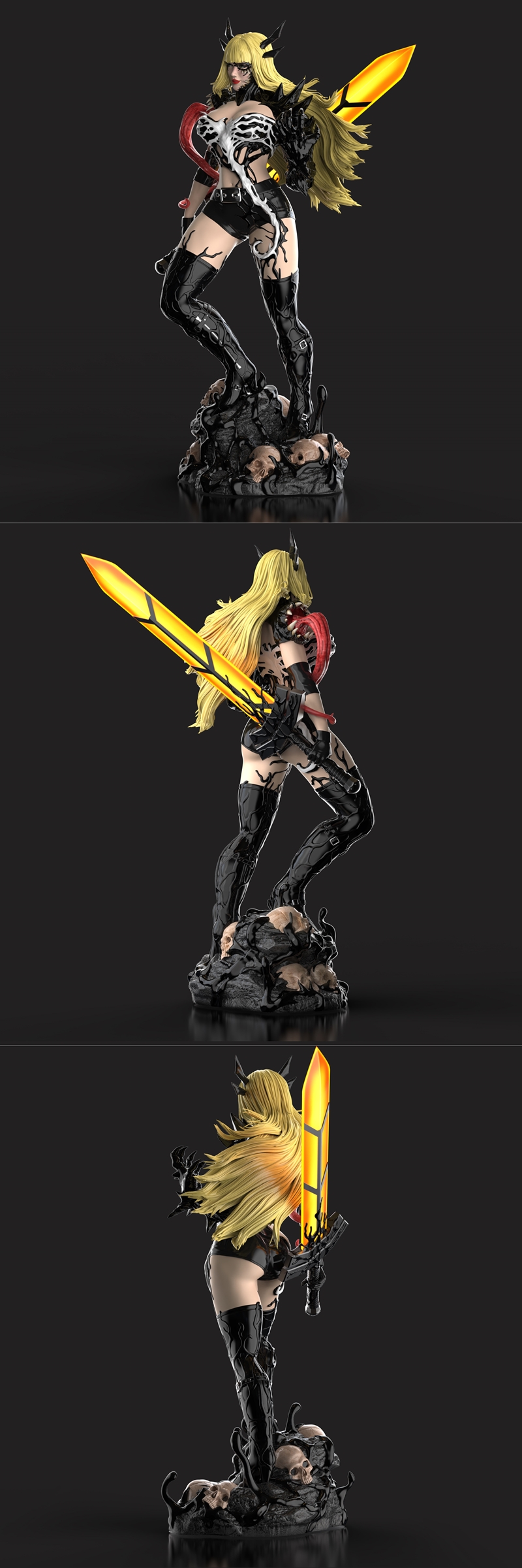 Venomized Magik 3D model figure, blonde hair, black and white symbiotic costume, thigh-high boots, standing on a base...