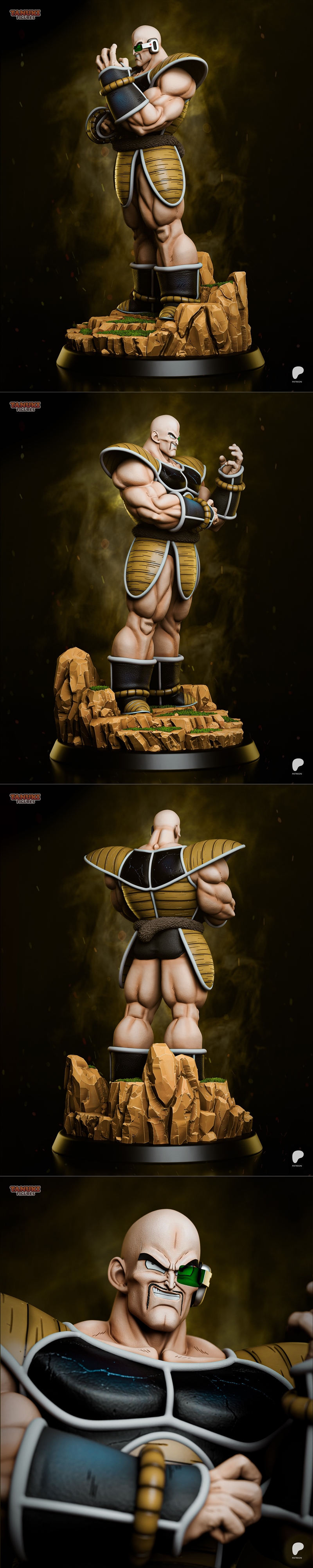 Nappa from Dragon Ball Z figure, standing on a rocky base, wearing Saiyan armor and a scouter, arms crossed in a powe...