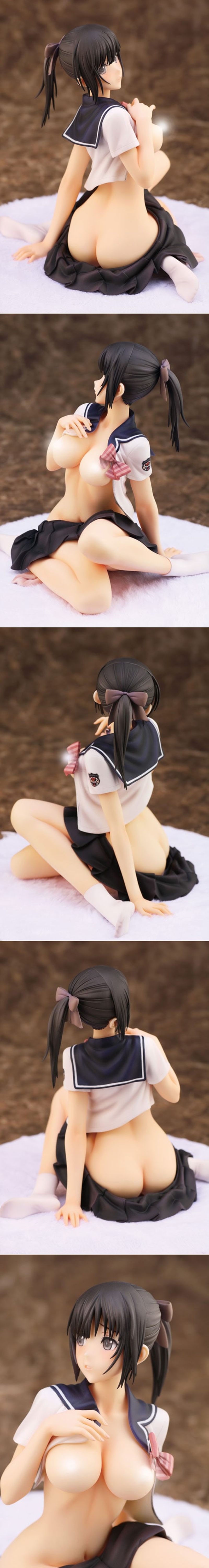 Anime-style figure of a young woman in a school uniform, seated provocatively with her skirt pulled down, revealing h...