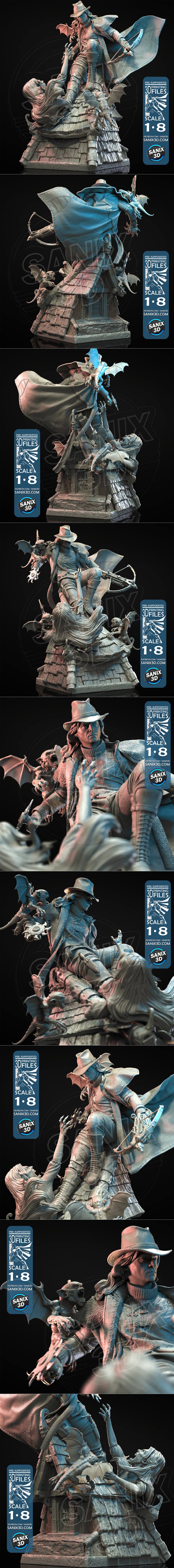 Van Helsing 3D model figure, wearing a fedora, long coat, and boots, holding a pistol and crossbow, seated on a rocky...