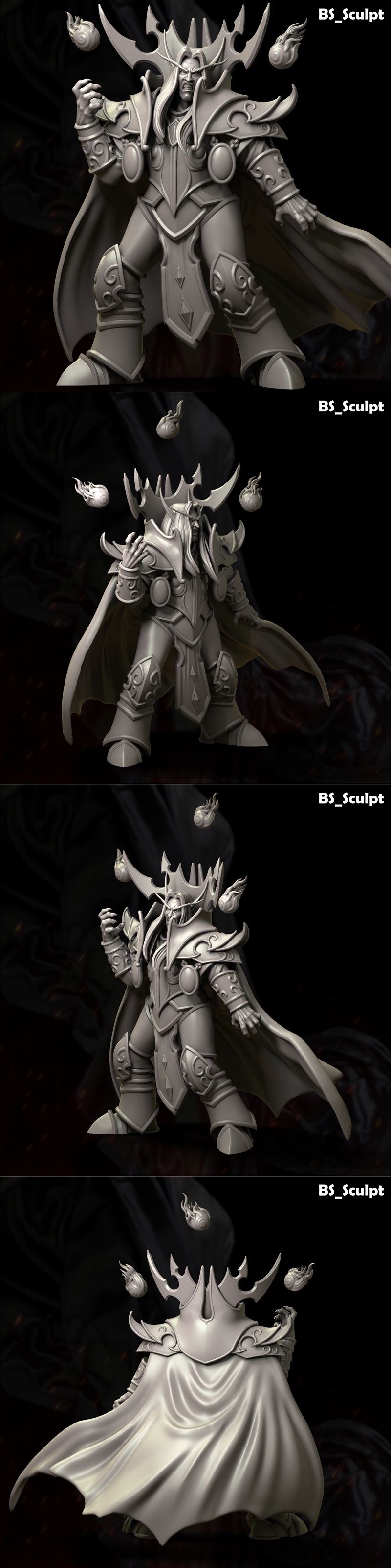 BS-Sculpt 3D model of Bulat, a Blood Elf Mage in ornate armor, conjuring magical orbs.