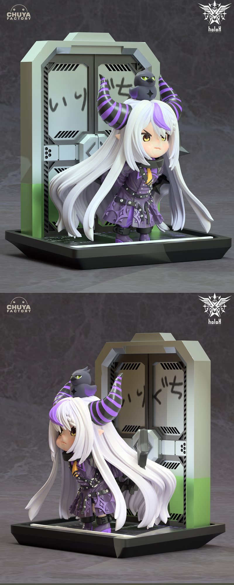 Chibi LaPlus Darkness figure with white hair, purple and black striped horns, and a gothic purple dress, with a small...