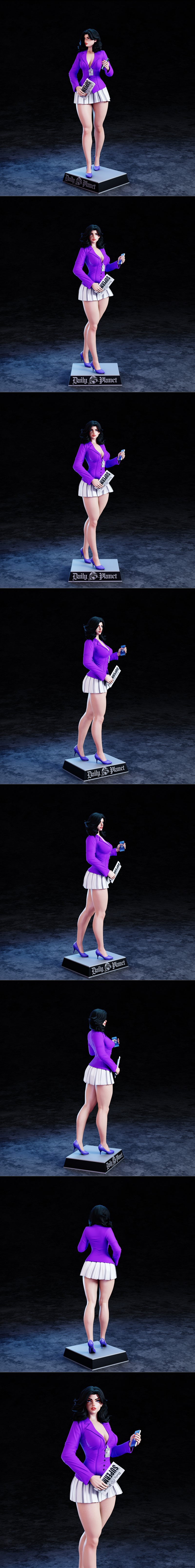 Lois Lane 3D model by BrunoArt3D, wearing a purple blazer and pleated skirt, holding a phone and a Daily Planet newsp...