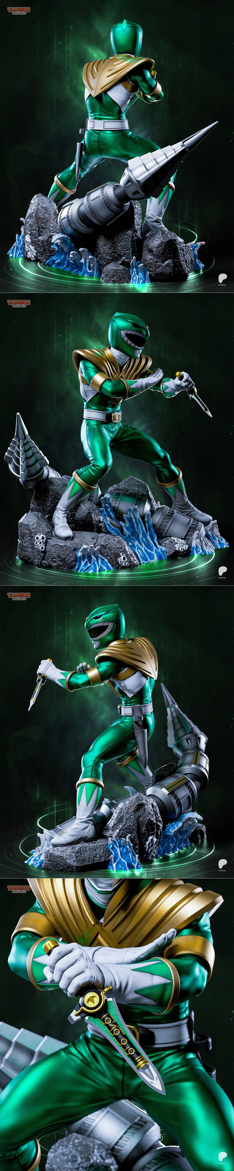 Green Ranger figure from Power Rangers, holding a dagger, in a heroic pose on a rocky diorama with blue water effects...