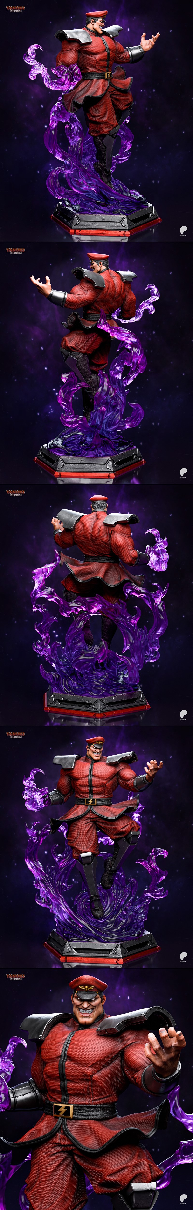 M. Bison 3D model from Street Fighter, levitating in a red uniform with purple energy effects, by Tanuki Figures.