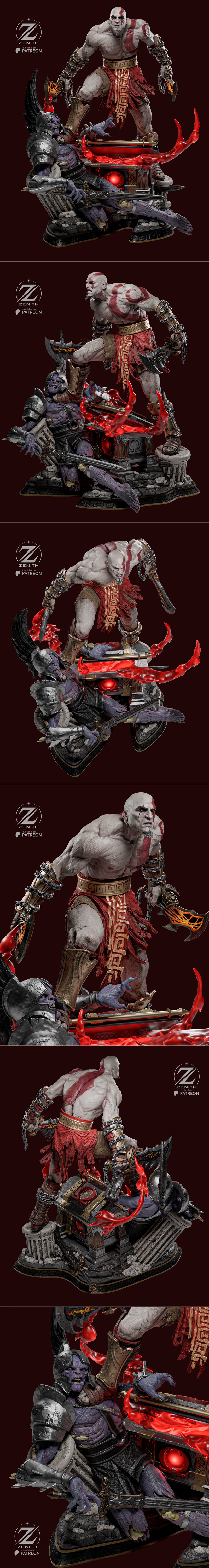 Kratos in a dynamic combat pose, wielding his axe and blades, standing over a defeated armored enemy. Zenith Studios...