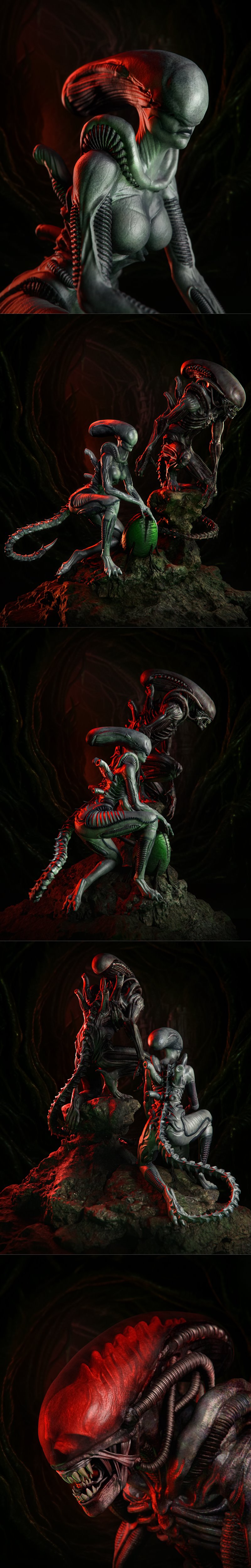 Two Xenomorph figures, one standing in a crouched pose on rocks, the other seated with a green Xenomorph egg. Dark, a...