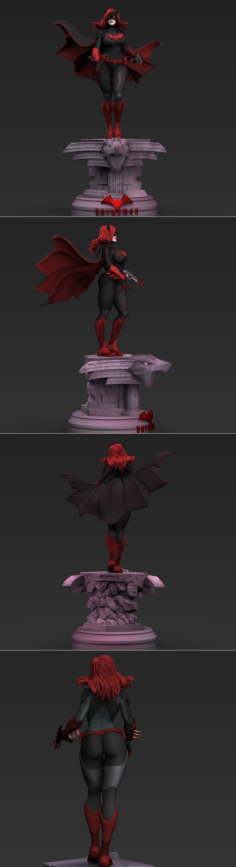 Batwoman 3D model figure by CG Pyro Digital Artist, wearing black and red suit with bat emblem, holding a handgun, re...
