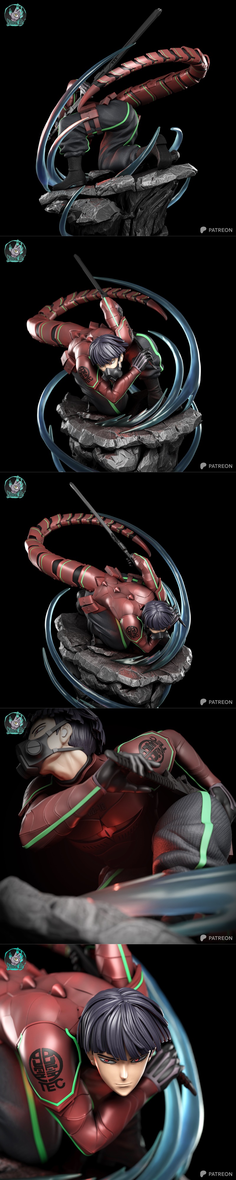 Hoshina from Chainsaw Man in a crouching combat pose, wearing red segmented armor with green accents and a gas mask....