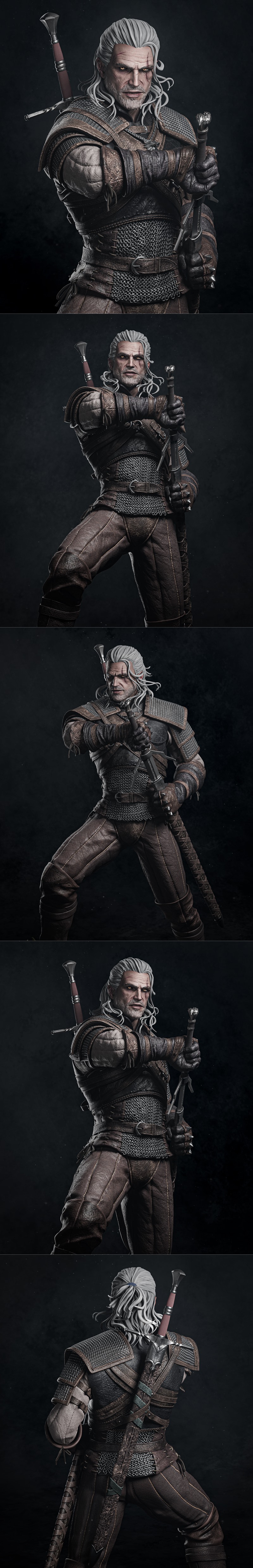 Geralt of Rivia 3D model figure, holding two swords, wearing detailed leather armor and chainmail, with a scarred fac...