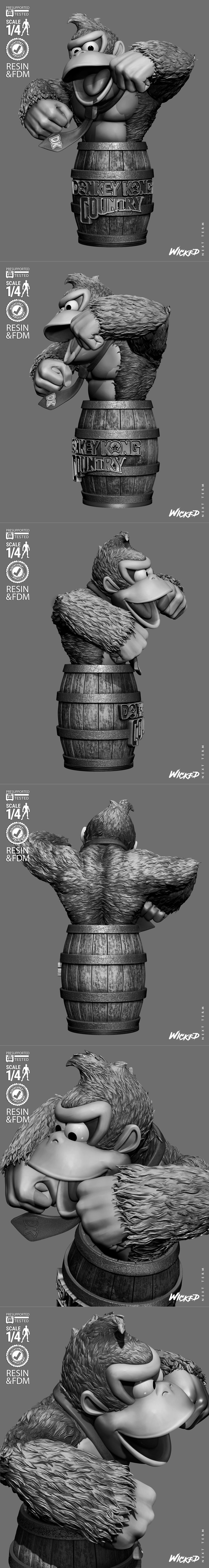 Donkey Kong bust emerging from a "Donkey Kong Country" barrel, wearing a red tie with DK logo. Studio Wicke...