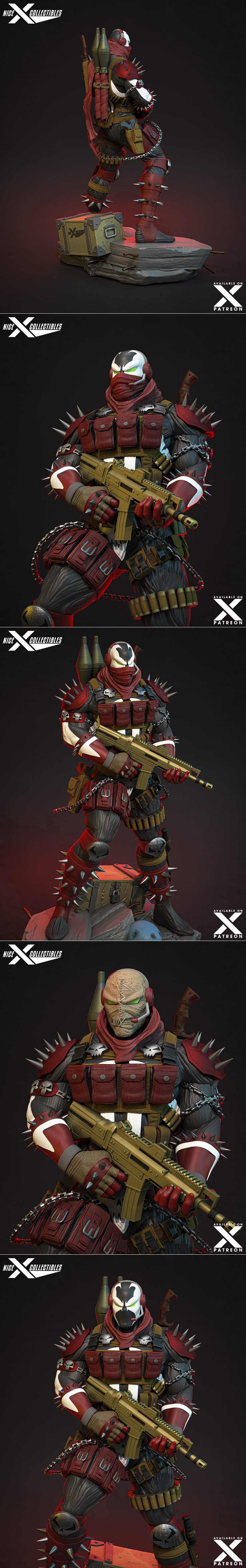 Commando Spawn figure in tactical armor holding an assault rifle, standing on a rocky base with a chest and police he...