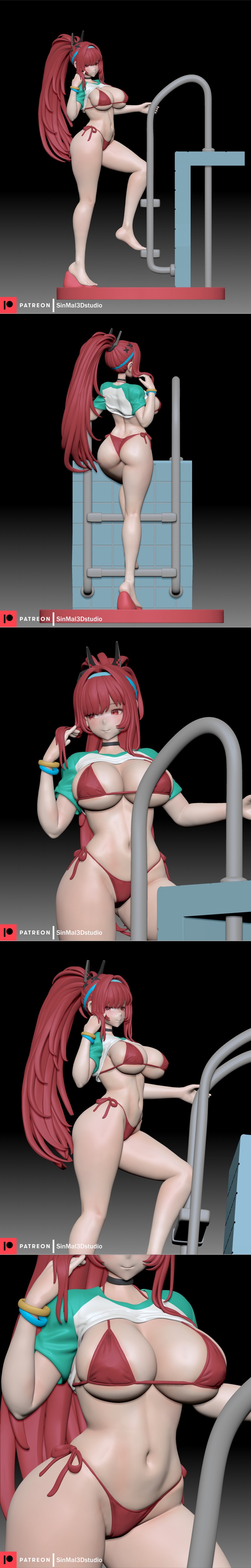 3D model of NIKKE character Rapi in a bikini, stepping onto a poolside ladder. She has long red hair and a seductive...