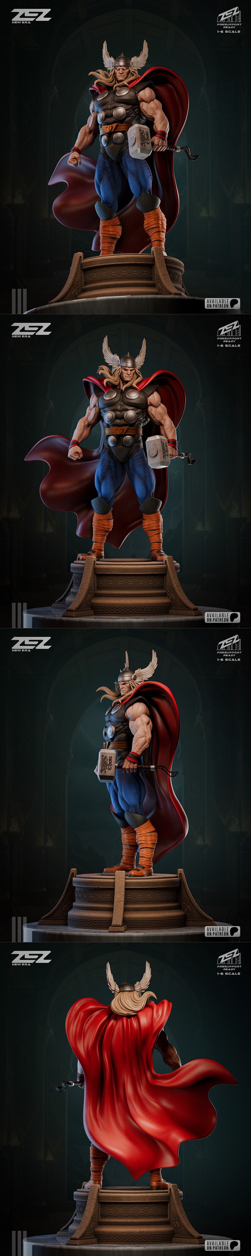ZEZ Studios 3D model of Thor, wearing a winged helmet and red cape, holding Mjolnir, with a determined expression.