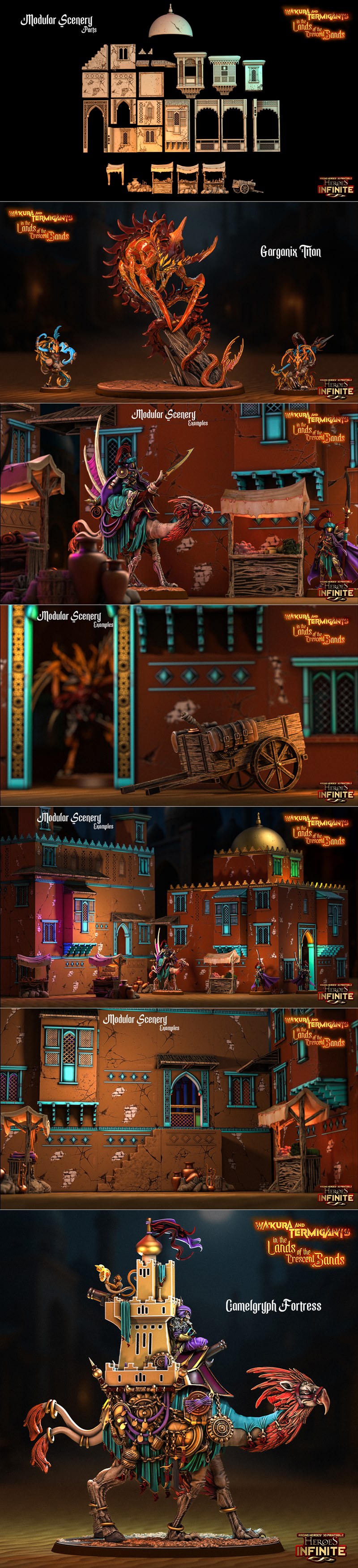 Collage of fantasy 3D printable figures including regal warriors in desert attire and insectoid creatures, with the t...