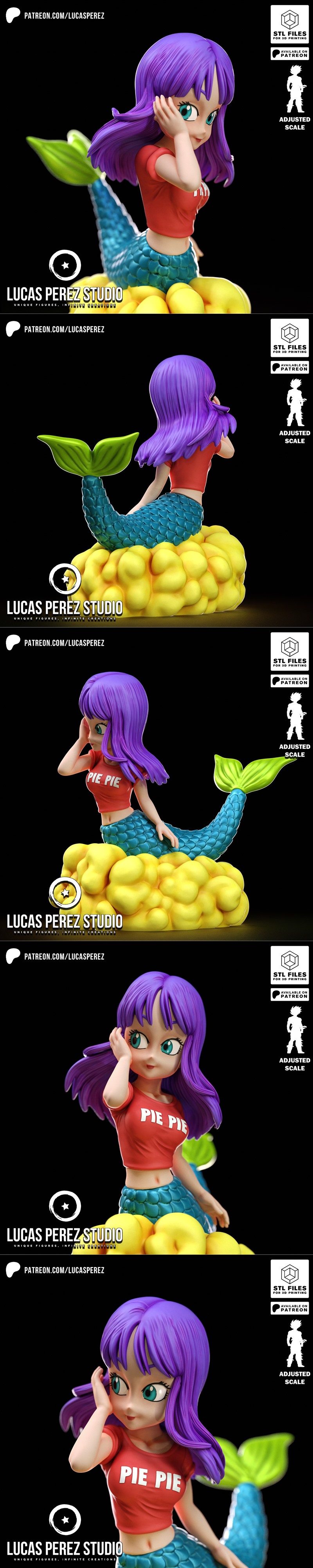 Chibi mermaid figure of Launch from Dragon Ball, with purple hair, red 'PIE PIE' shirt, blue-green tail, and yellow c...