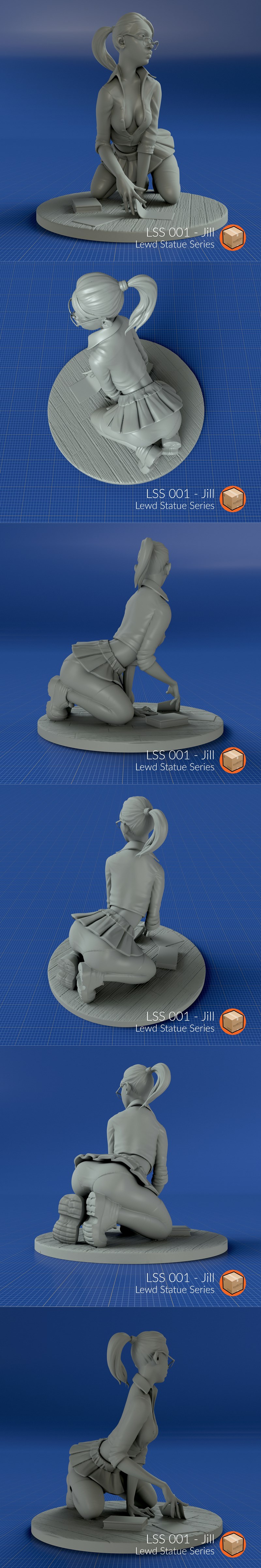 Stylized female figure 'Jill' kneeling on a base, wearing glasses, a low-cut white shirt, red skirt, and thigh-high s...
