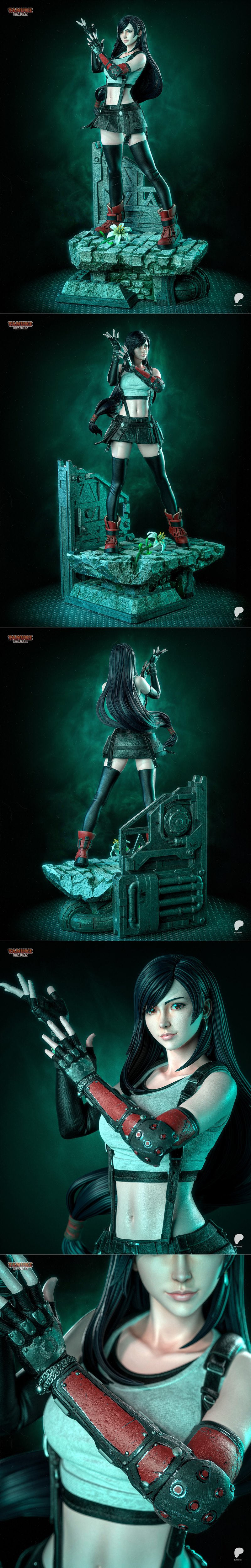Tifa Lockhart 3D model figure by Tanuki Figures, standing on a stone base with a flower, wearing a crop top, short sk...