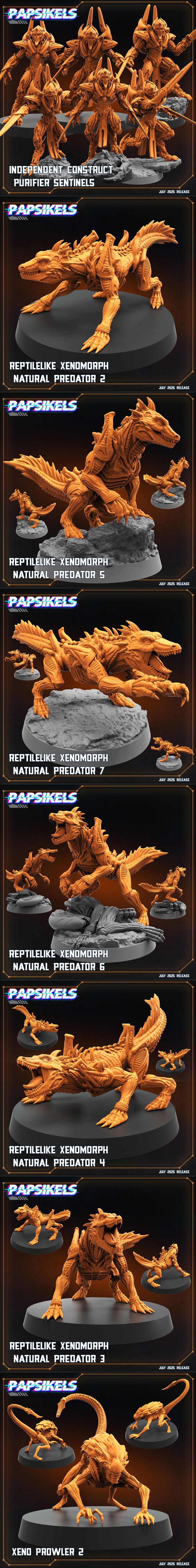 Collection of 3D printable miniatures featuring alien xenomorphs and human soldiers in sci-fi armor, with "Alien...
