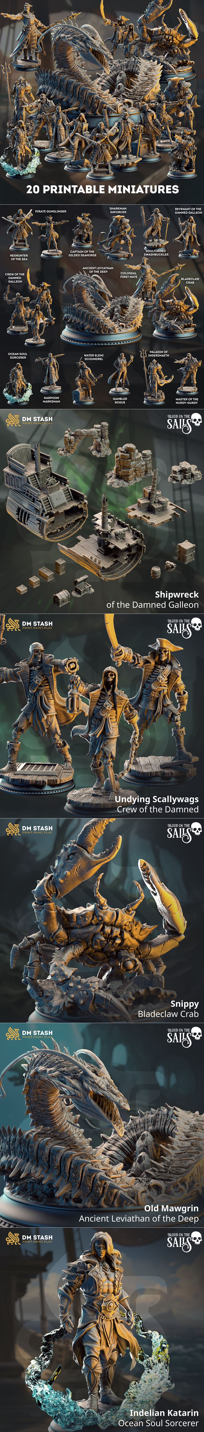 A group of pirate miniatures with swords and armor, led by a man with a beard and ornate coat, stand before a large,...