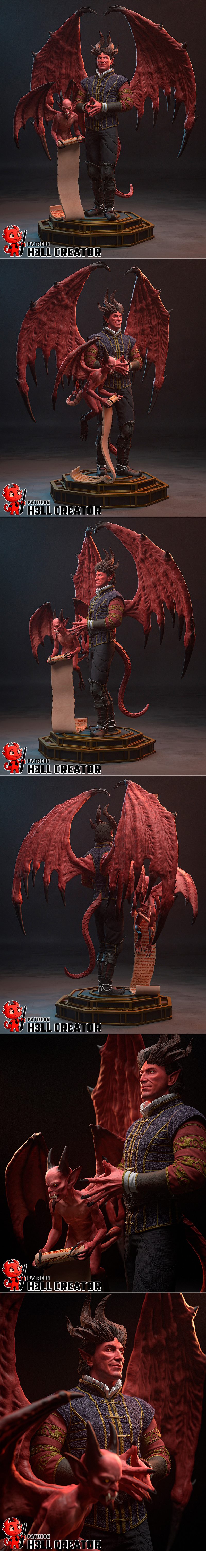 3D model of Raphael, a devil with red skin, large red wings, and dark horns, wearing an ornate purple and red doublet...