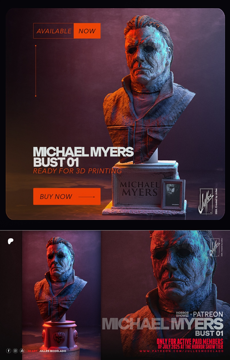 3D printable bust of Michael Myers from Halloween, wearing his mask and jacket, displayed on a horror-themed base.