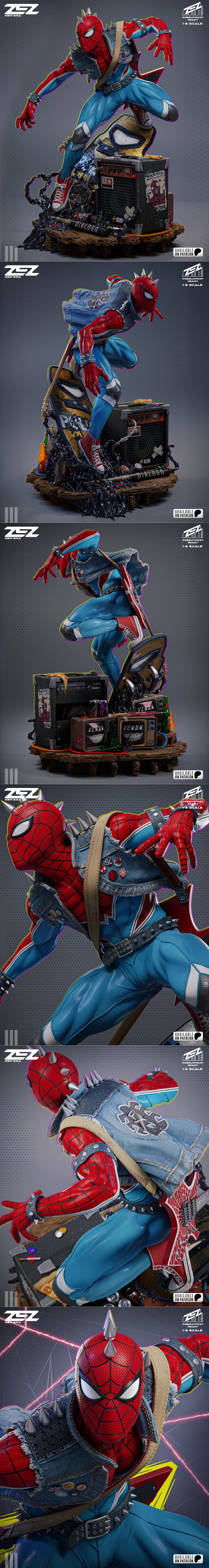 ZEZ Studio 1:6 scale Spider-Punk 3D model figure in dynamic pose with guitar and amplifier on a detailed base.